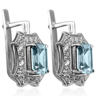European Style 14k Solid White Gold Aquamarine and diamond Earrings
