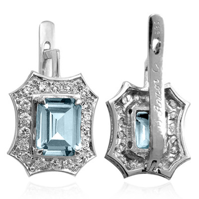 European Style 14k Solid White Gold Aquamarine and diamond Earrings
