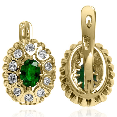 14k Solid Yellow Gold Russian Antique Style Diamond Emerald Earrings 585