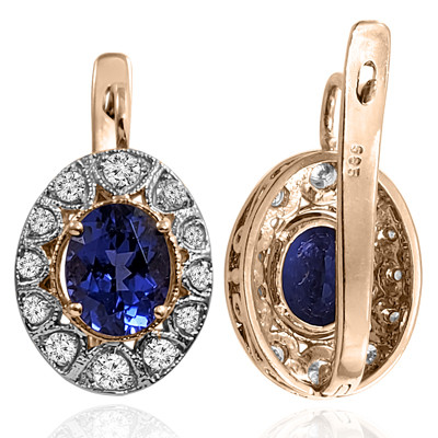 Russian Style Lab Created Sapphire Diamond Earrings in 14k Rose and white Gold
