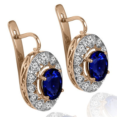 Russian Style Lab Created Sapphire Diamond Earrings in 14k Yellow and White Gold