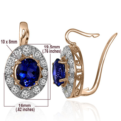 Russian Style Lab Created Sapphire Diamond Earrings in 14k Yellow and White Gold