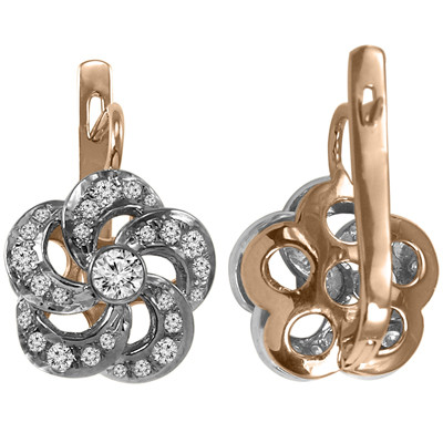 14k Rose & White Gold Genuine Diamond Flower Russian Style Earrings #E1545