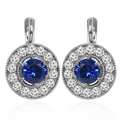 14k Solid White Gold Genuine Diamond & Sapphire Russian Style Earrings