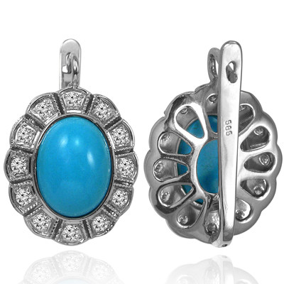 14k Solid White Gold Genuine Diamond & Turquoise Russian Style Earrings #E1552 14k Solid White Gold Genuine Diamond & Turquoise Russian Style Earrings #E1552