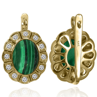 14k Solid Yellow Gold Genuine Diamond & Malachite Russian Style Earrings #R1554 14k Solid Yellow Gold Genuine Diamond & Malachite Russian Style Earrings #R1554