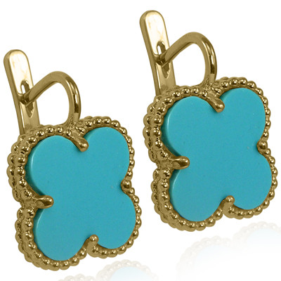 14k Solid Yellow Gold Genuine Turquoise Four Leaf Clover Earrings #E1555 14k Solid Yellow Gold Genuine Turquoise Four Leaf Clover Earrings #E1555