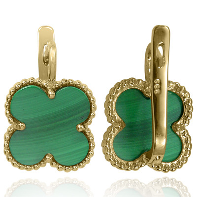 Clover shaped MALACHITE 15 mm Earrings, 14K Yellow Solid Gold  #E1557 Clover shaped MALACHITE 15 mm Earrings, 14K Yellow Solid Gold  #E1557