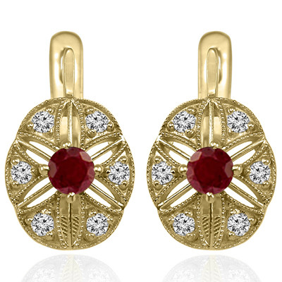 14k Solid Yellow Gold Genuine Diamond & Ruby Russian Style Earrings #E1558