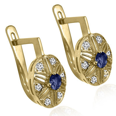 14k Solid Yellow Gold Genuine Diamond & Sapphire Russian Style Earrings #E1559