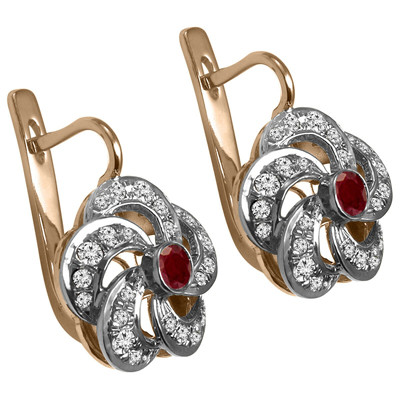 14k Solid Pink & White Gold Genuine Ruby and Diamond Flower Earrings