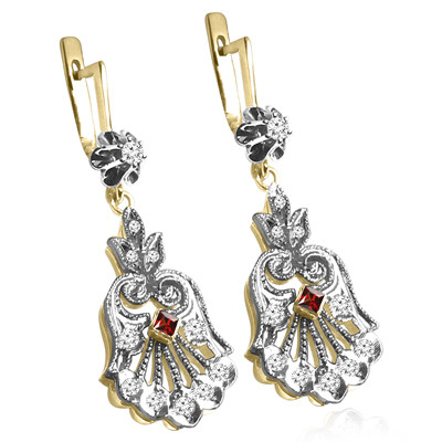14K Solid Yellow and White Gold Genuine Diamond and Garnet Picasso Style Earrings.