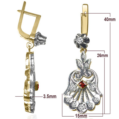 14K Solid Yellow and White Gold Genuine Diamond and Garnet Picasso Style Earrings.