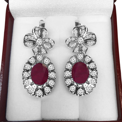 14k Solid White Gold Genuine Ruby & Diamond Vintage Russian Style earrings