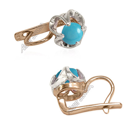 Russian Style 14k Solid Rose & White Gold Genuine Turquoise Earrings #R1582 Russian Style 14k Solid Rose & White Gold Genuine Turquoise Earrings #R1582