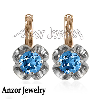 Russian Style 14k Solid Rose & White Gold Genuine Blue Topaz Earrings #E1588 Russian Style 14k Solid Rose & White Gold Genuine Blue Topaz Earrings #E1588