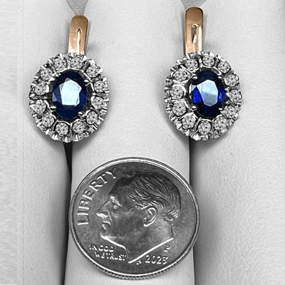 European Style Genuine Sapphire & Diamond Earrings 14k Solid Two-Tone Gold #E1591
