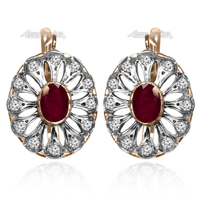 Russian Style Diamond Ruby Earrings 14k Gold