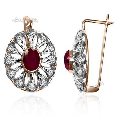 Russian Style Diamond Ruby Earrings 14k Gold