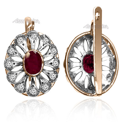 Russian Style Diamond Ruby Earrings 14k Gold