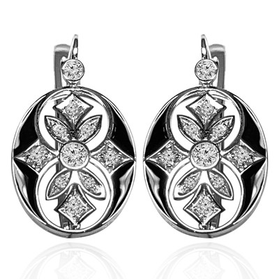 Russian Style Diamond and black Enamel Earrings 14K gold #E1638