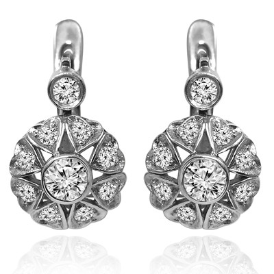 14k solid white Gold Diamond Russian style Earrings #E1686