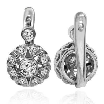 14k solid white Gold Diamond Russian style Earrings #E1686