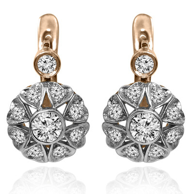 14k rose and white Gold Diamond Russian style Earrings #E1688