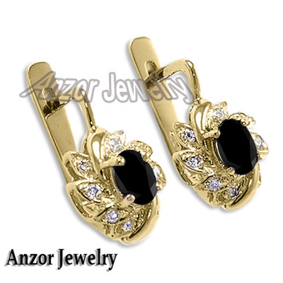 14k Gold Black Sapphire Russian style Earrings #E1700