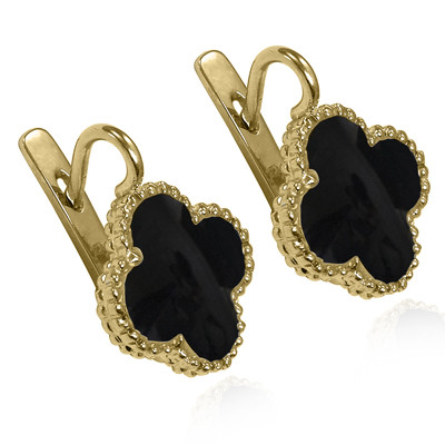 14k yellow Gold Genuine Onyx  Four Leaf Clover Earrings  #E1702