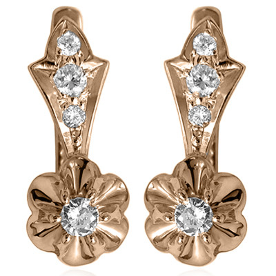 14k Solid rose Gold Genuine Diamond Russian style Earrings #E1712