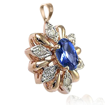 Russian Style Diamond Sapphire Pendant 14k Gold #P974