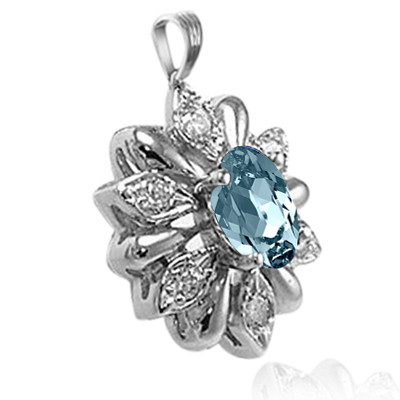 Russian Style Diamond Aquamarine Pendant 14k Solid white Gold  #P1004