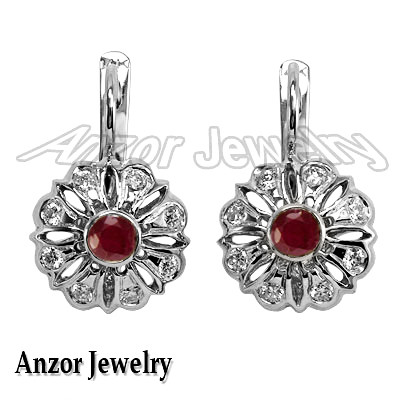 Russian Style Diamod & Ruby Earrings 14k Gold 585