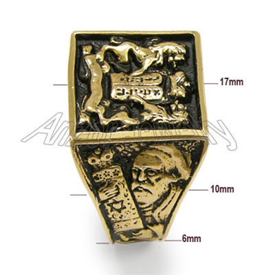 Lions Facing The Ten Commandments Ring in 10k Gold