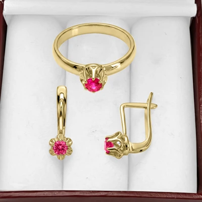 10k Gold Red Sapphire Earrings and Ring Set