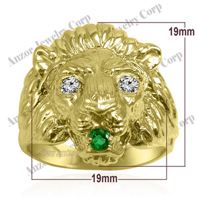 Men's Ring 14k Gold Lion Diamond Emerald Ring