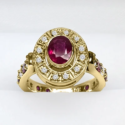 Russian Style 14k Gold Diamond Ruby Ring
