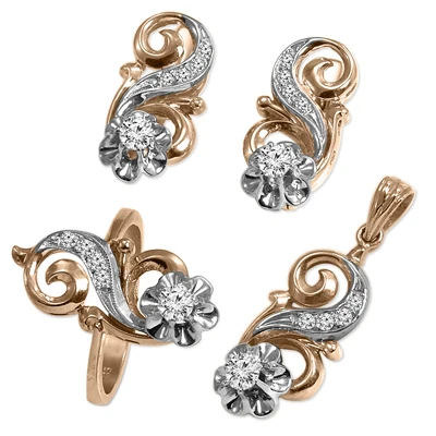 Russian style Diamond set in 14k Ring Earrings
