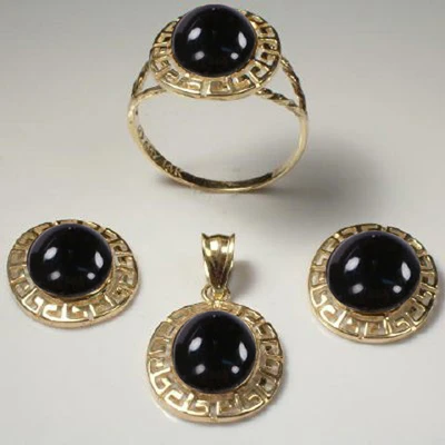 14k Gold Solid Oval Onyx Earrings, Set