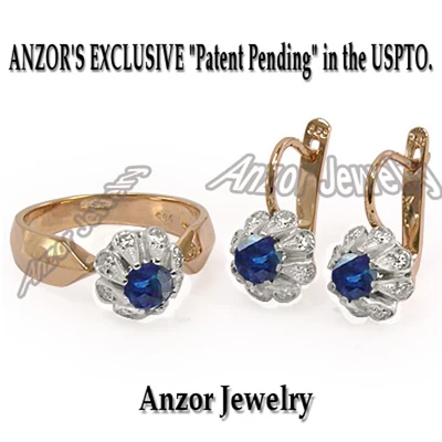 Russian Style Sapphire Diamonds 14k earrings ring