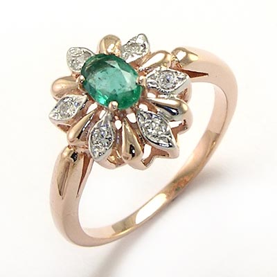 RUSSIAN JEWELRY Diamond & Emerald Ring 14k Rose G. R733