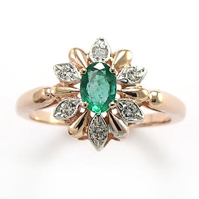 RUSSIAN JEWELRY Diamond & Emerald Ring 14k Rose G. R733