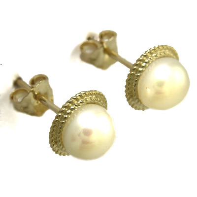 Gorgeus 14K Gold Genuine White Pearl Earrings 6mm E763