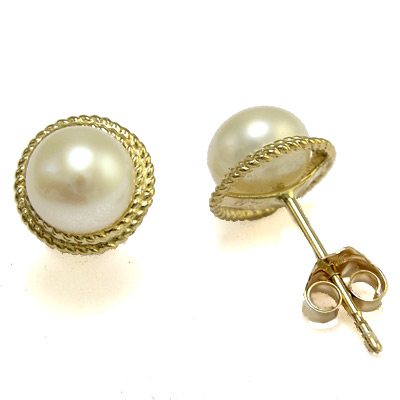 Gorgeus 14K Gold Genuine White Pearl Earrings 6mm E763