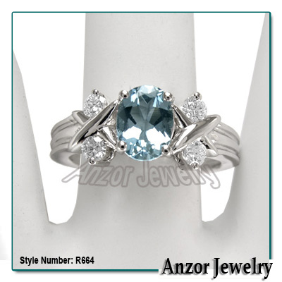 14k Gold Aquamarine Diamond Ring R664
