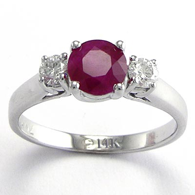 14k Gold Ruby and Diamond Three Stone Ring R657