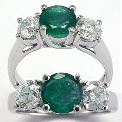 Emerald Diamond Three Stone Ring 14k Gold R625
