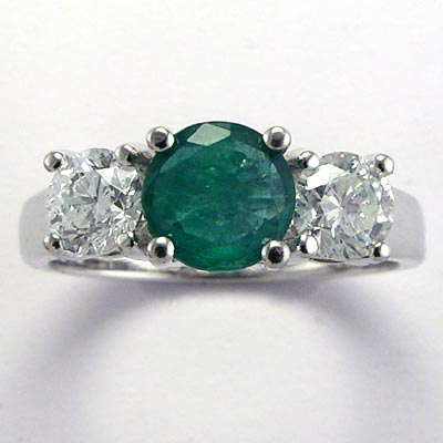 Emerald Diamond Three Stone Ring 14k Gold R625