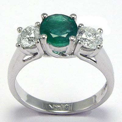 Emerald Diamond Three Stone Ring 14k Gold R625